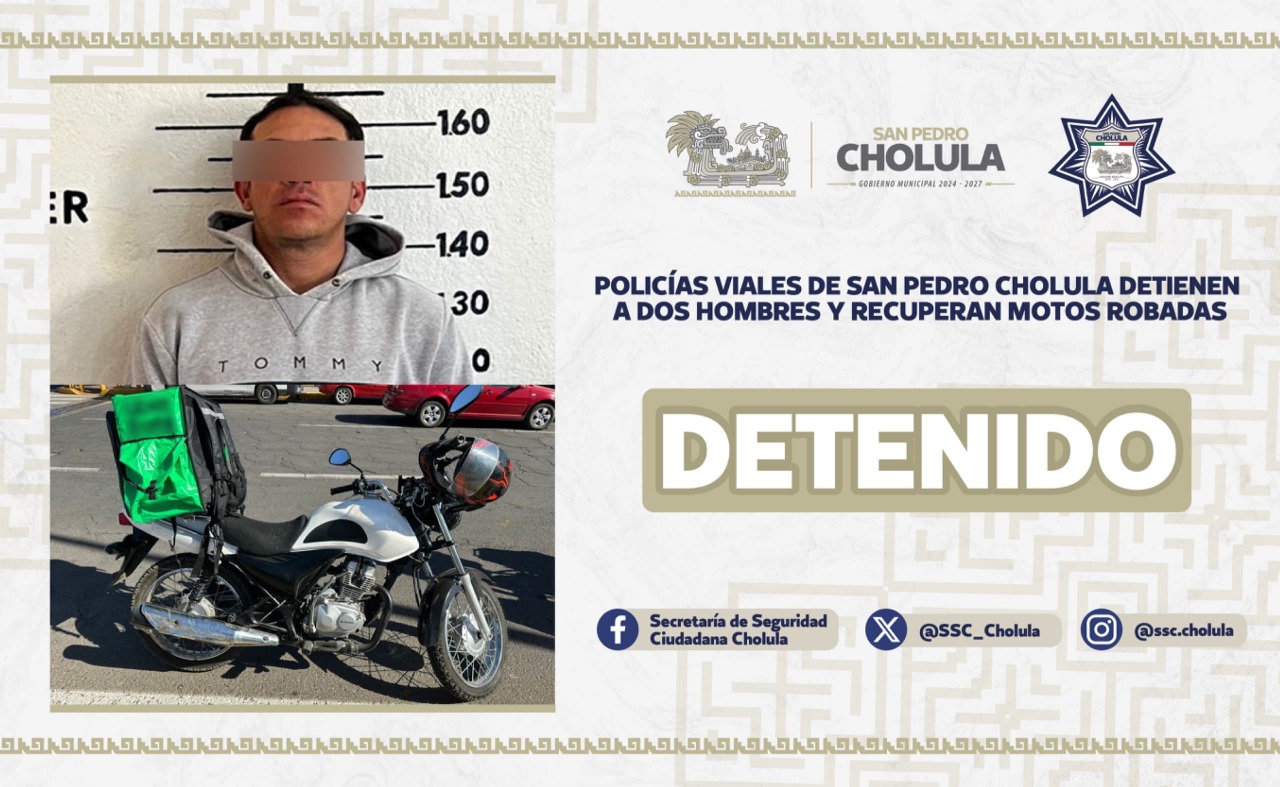 Policías de San Pedro Cholula detienen a 2 hombres y recuperan motos robadas