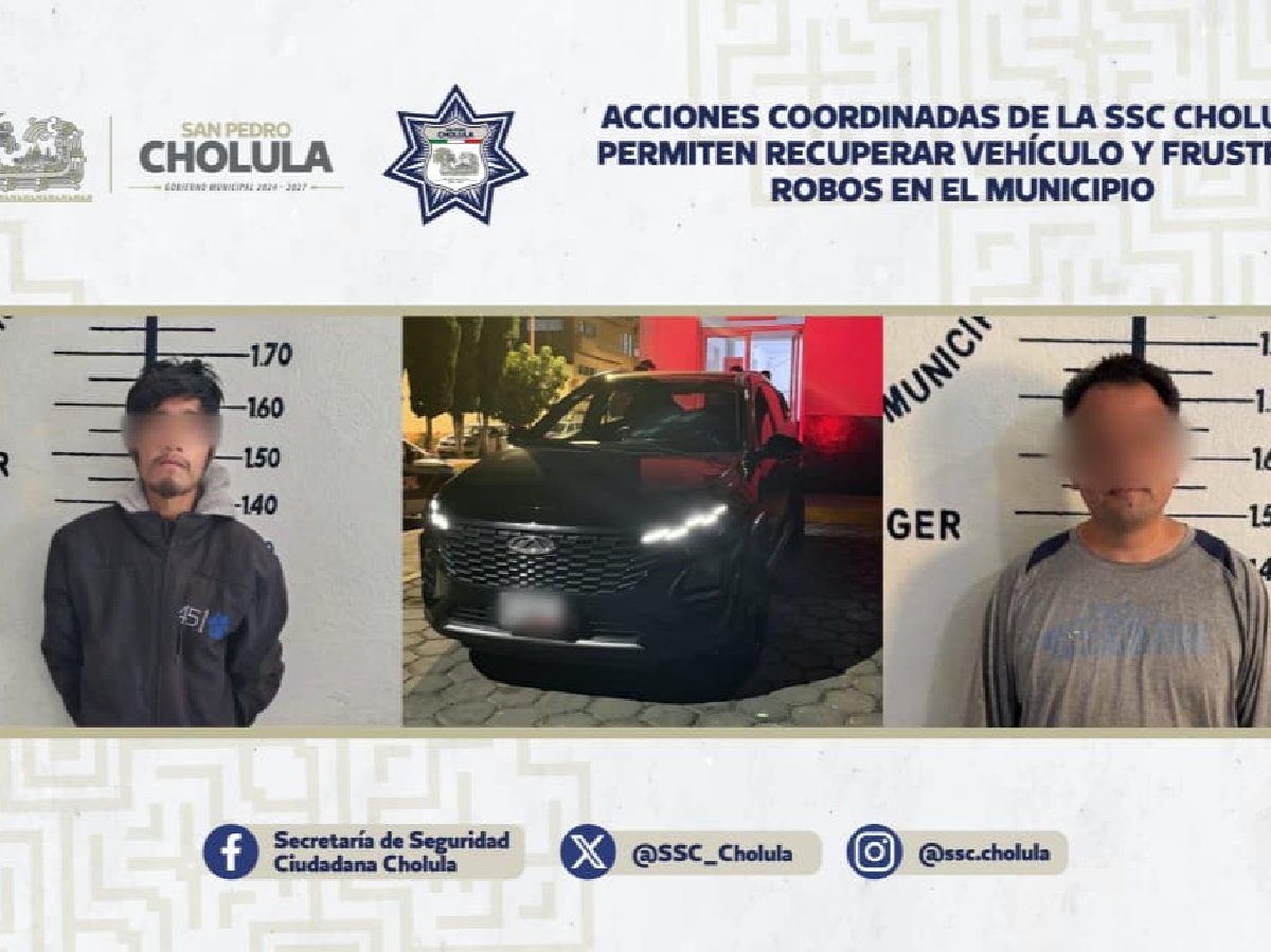 Acciones coordinadas de la SSC Cholula permiten recuperar vehículo y frustrar robos en el municipio