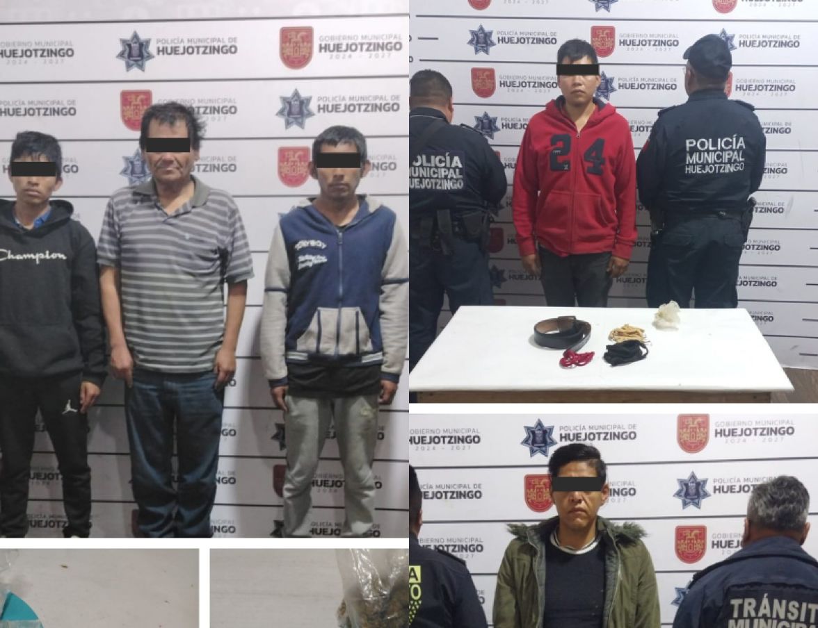 Policía de Huejotzingo detiene a cinco y asegura droga, un arma de fuego y recupera vehículo robado