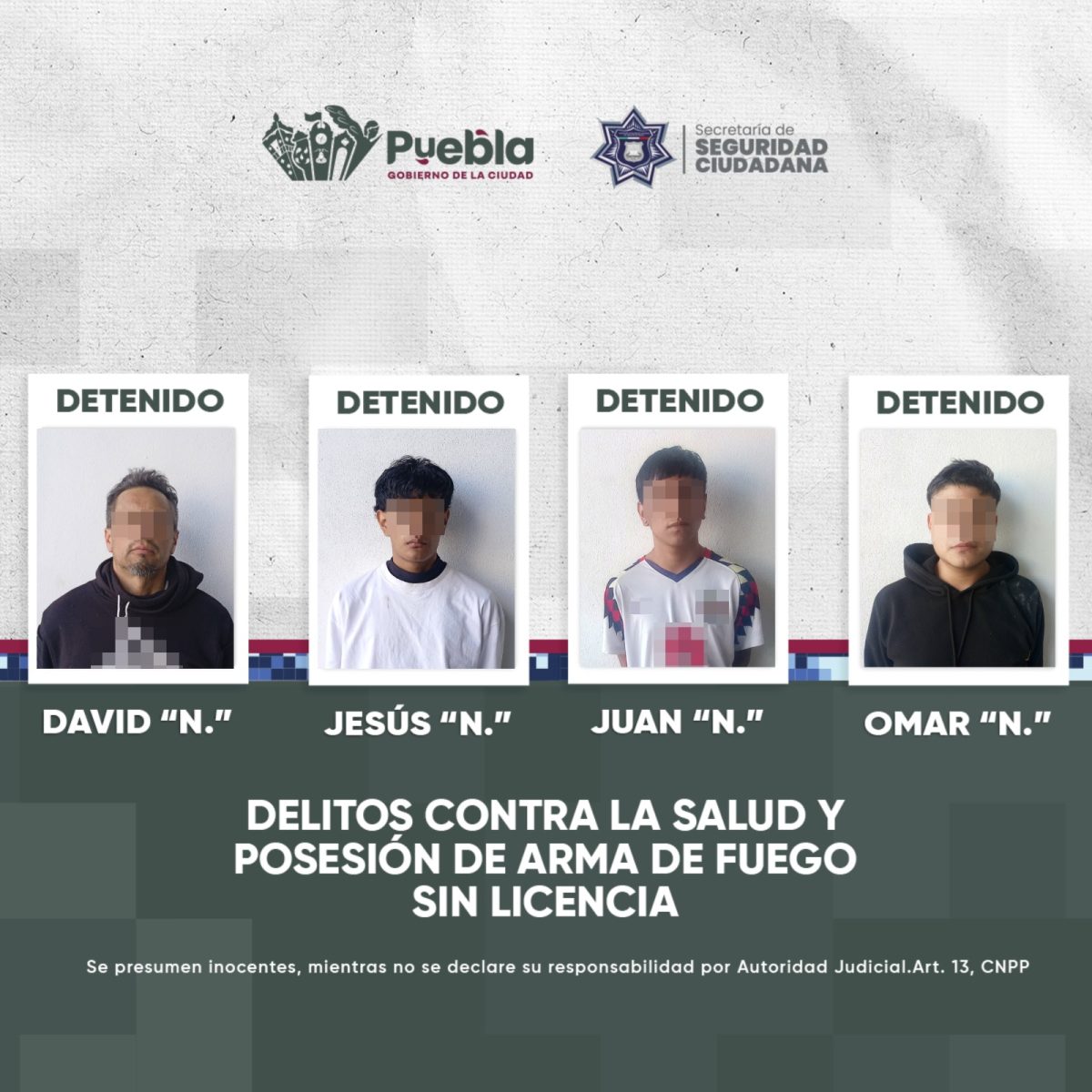 Detiene Policía de la Ciudad a cuatro hombres por delitos contra la salud y portación de arma de fuego sin licencia